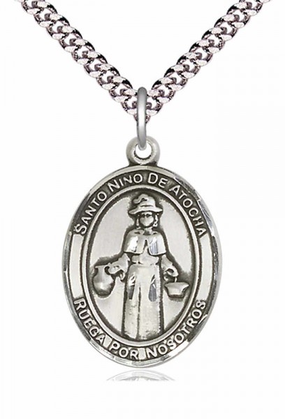 Men's Pewter Oval St. Nino De Atocha Medal - 24" 2.4mm Rhodium Plate Endless Chain