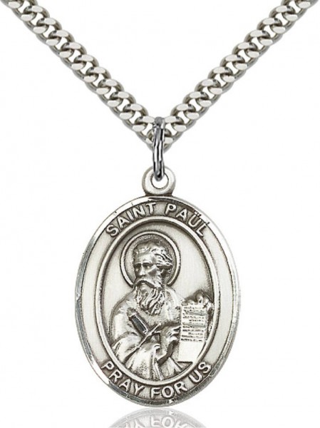 Men's Pewter Oval St. Paul the Apostle Medal - 20" Rhodium Plate Chain + Clasp