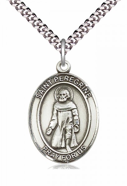 Men's Pewter Oval St. Peregrine Laziosi Medal - 24" 2.4mm Rhodium Plate Chain + Clasp