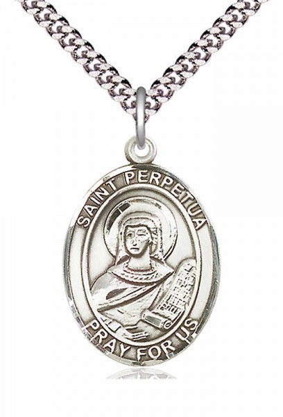 Men's Pewter Oval St. Perpetua Medal - 24" 2.4mm Rhodium Plate Chain + Clasp