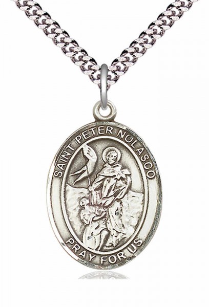 Men's Pewter Oval St. Peter Nolasco Medal - 24" 2.4mm Rhodium Plate Chain + Clasp