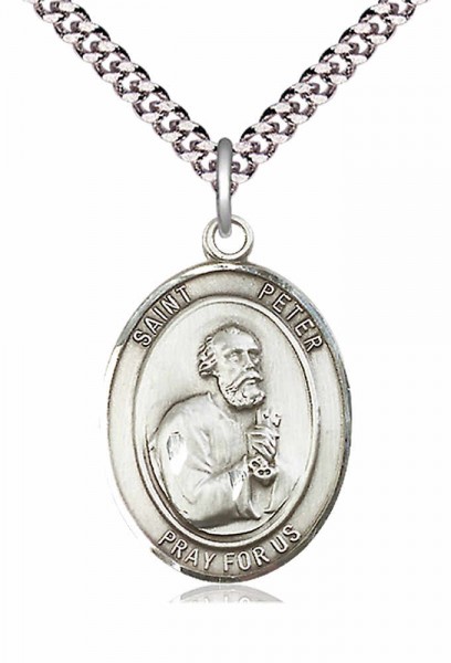 Men's Pewter Oval St. Peter the Apostle Medal - 24" 2.4mm Rhodium Plate Endless Chain