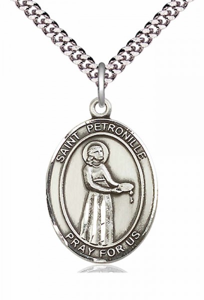 Men's Pewter Oval St. Petronille Medal - 24" 2.4mm Rhodium Plate Endless Chain