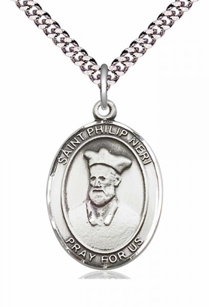 Men's Pewter Oval St. Philip Neri Medal - 20" Rhodium Plate Chain + Clasp