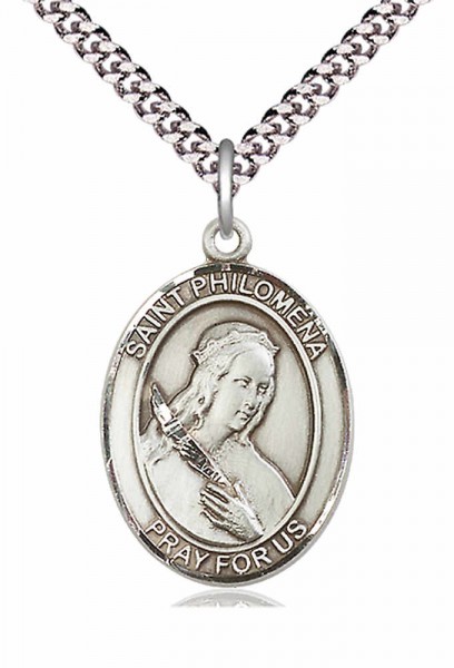 Men's Pewter Oval St. Philomena Medal - 24" 2.4mm Rhodium Plate Endless Chain