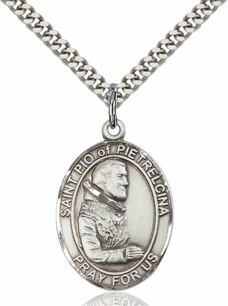 Men's Pewter Oval St. Pio of Pietrelcina Medal - 24" 2.4mm Rhodium Plate Endless Chain