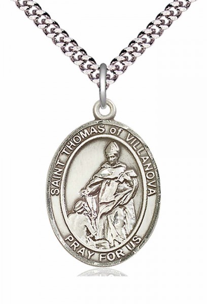 Men's Pewter Oval St. Pius X Medal - 24" 2.4mm Rhodium Plate Endless Chain