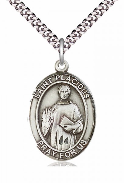 Men's Pewter Oval St. Placidus Medal - 24" 2.4mm Rhodium Plate Endless Chain