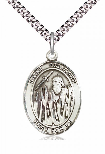 Men's Pewter Oval St. Polycarp of Smyrna Medal - 24" 2.4mm Rhodium Plate Endless Chain