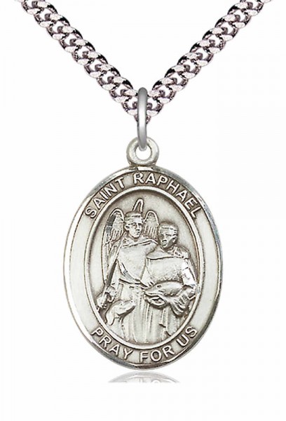 Men's Pewter Oval St. Raphael the Archangel Medal - 24" 2.4mm Rhodium Plate Chain + Clasp