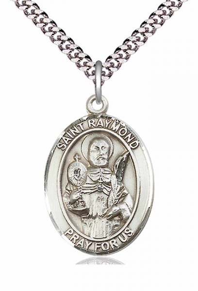 Men's Pewter Oval St. Raymond Nonnatus Medal - 24" 2.4mm Rhodium Plate Endless Chain
