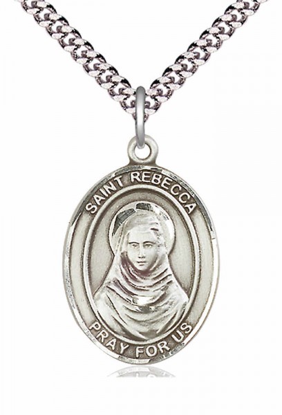 Men's Pewter Oval St. Rebecca Medal - 24" 2.4mm Rhodium Plate Endless Chain