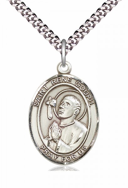 Men's Pewter Oval St. Rene Goupil Medal - 24" 2.4mm Rhodium Plate Chain + Clasp