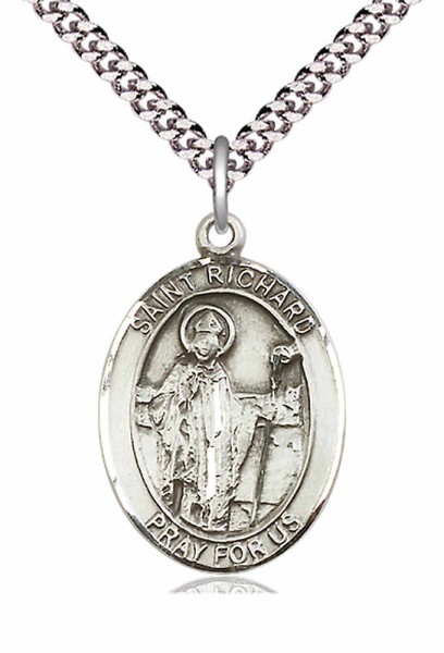 Men's Pewter Oval St. Richard Medal - 20" Rhodium Plate Chain + Clasp