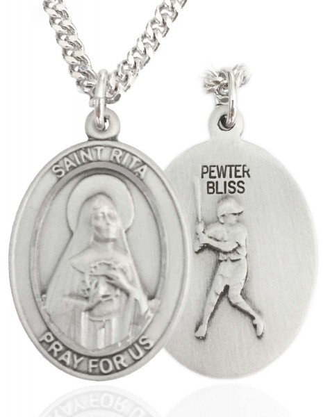 Men's Pewter Oval St. Rita Baseball Medal - 20" Rhodium Plate Chain + Clasp