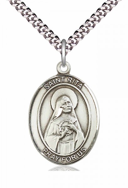 Men's Pewter Oval St. Rita of Cascia Medal - 20" Rhodium Plate Chain + Clasp