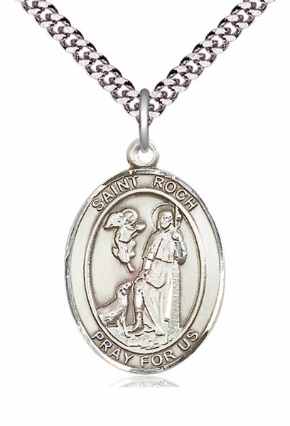 Men's Pewter Oval St. Roch Medal - 20" Rhodium Plate Chain + Clasp