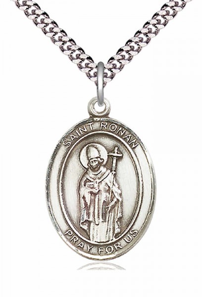 Men's Pewter Oval St. Ronan Medal - 24" 2.4mm Rhodium Plate Chain + Clasp