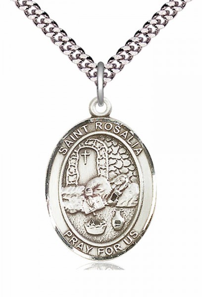 Men's Pewter Oval St. Rosalia Medal - 24" 2.4mm Rhodium Plate Endless Chain