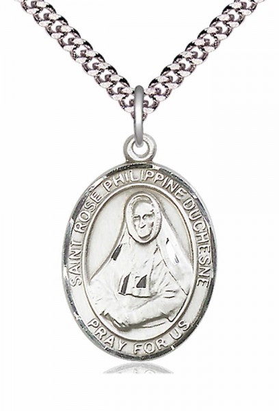 Men's Pewter Oval St. Rose Philippine Medal - 20" Rhodium Plate Chain + Clasp