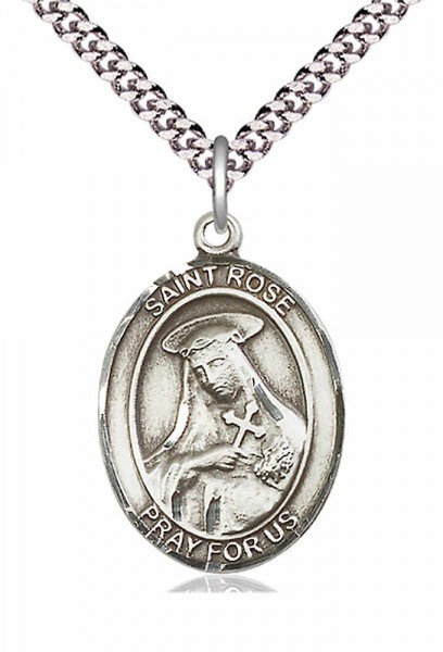 Men's Pewter Oval St. Rose of Lima Medal - 20" Rhodium Plate Chain + Clasp