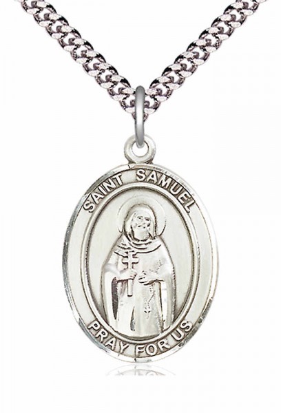Men's Pewter Oval St. Samuel Medal - 24" 2.4mm Rhodium Plate Chain + Clasp