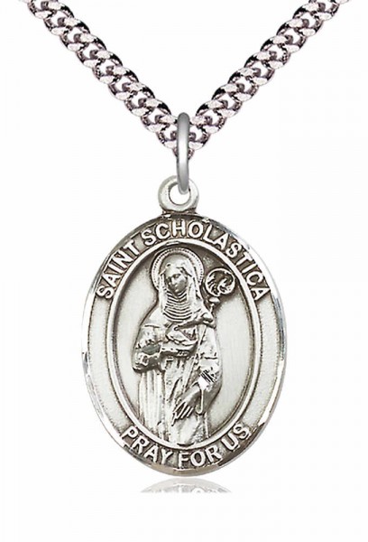 Men's Pewter Oval St. Scholastica Medal - 20" Rhodium Plate Chain + Clasp