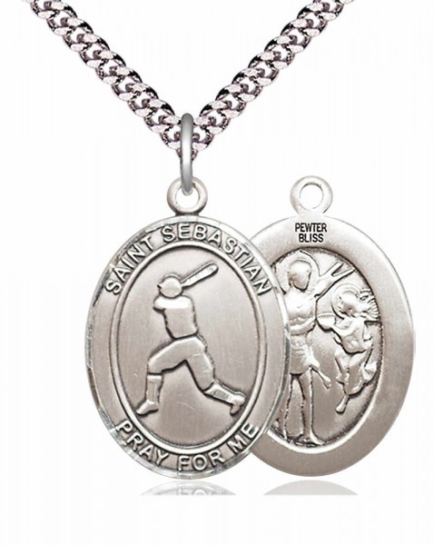 Men's Pewter Oval St. Sebastian Baseball Medal - 24" 2.4mm Rhodium Plate Chain + Clasp