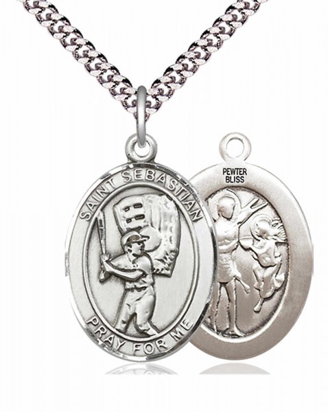 Men's Pewter Oval St. Sebastian Baseball Medal - 24" 2.4mm Rhodium Plate Endless Chain