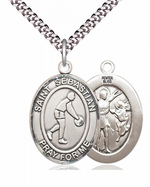 Men's Pewter Oval St. Sebastian Basketball Medal - 24" 2.4mm Rhodium Plate Chain + Clasp