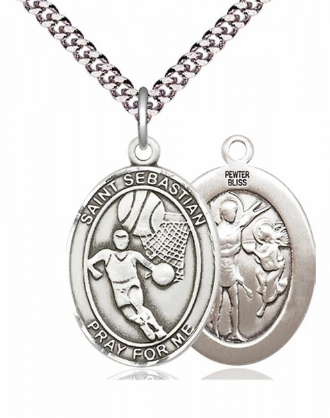 Men's Pewter Oval St. Sebastian Basketball Medal - 20" Rhodium Plate Chain + Clasp