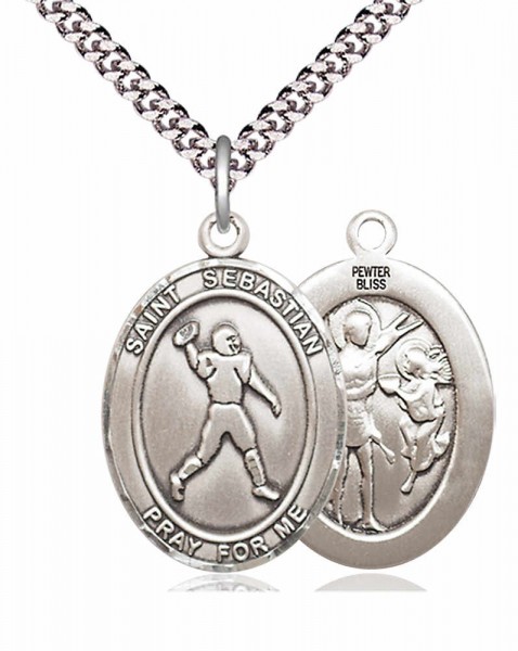 Men's Pewter Oval St. Sebastian Football Medal - 24" 2.4mm Rhodium Plate Chain + Clasp