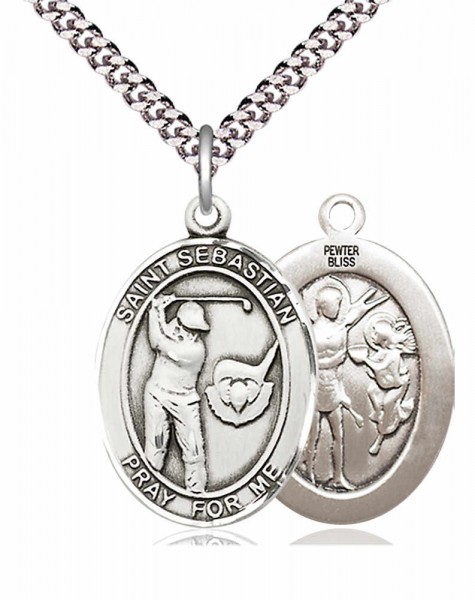 Men's Pewter Oval St. Sebastian Golf Medal - 24" 2.4mm Rhodium Plate Endless Chain