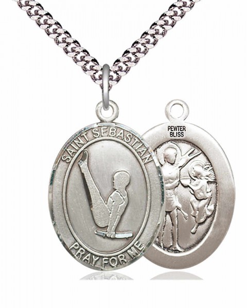Men's Pewter Oval St. Sebastian Gymnastics Medal - 24" 2.4mm Rhodium Plate Endless Chain