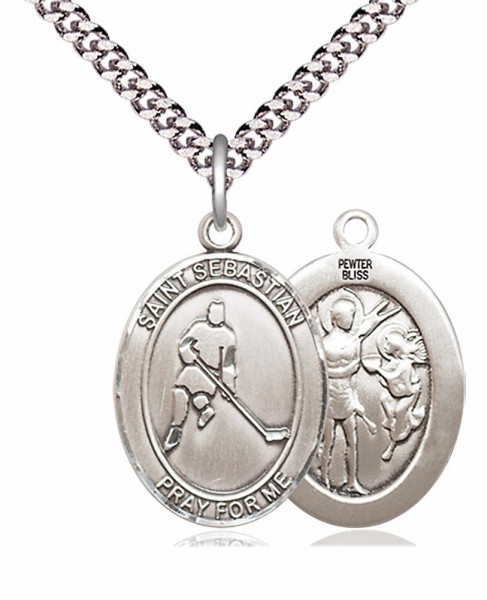 Men's Pewter Oval St. Sebastian Ice Hockey Medal - 20" Rhodium Plate Chain + Clasp