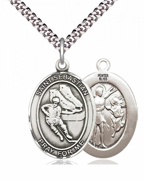 Men's Pewter Oval St. Sebastian Ice Hockey Medal - 20" Rhodium Plate Chain + Clasp