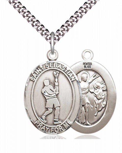 Men's Pewter Oval St. Sebastian Lacrosse Medal - 24" 2.4mm Rhodium Plate Chain + Clasp