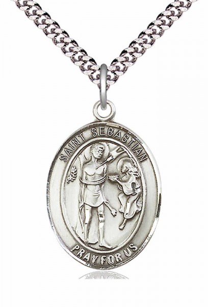 Men's Pewter Oval St. Sebastian Medal - 24" 2.4mm Rhodium Plate Endless Chain