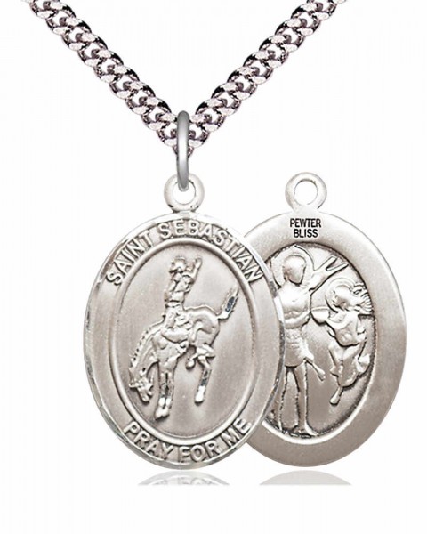 Men's Pewter Oval St. Sebastian Rodeo Medal - 20" Rhodium Plate Chain + Clasp