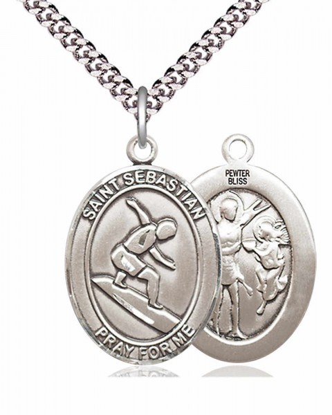 Men's Pewter Oval St. Sebastian Surfing Medal - 20" Rhodium Plate Chain + Clasp