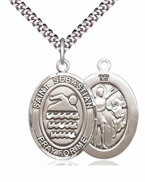 Men's Pewter Oval St. Sebastian Swimming Medal - 24" 2.4mm Rhodium Plate Chain + Clasp