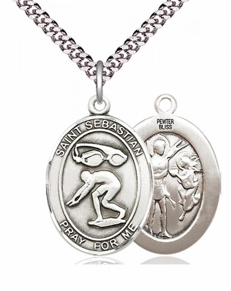 Men's Pewter Oval St. Sebastian Swimming Medal - 20" Rhodium Plate Chain + Clasp