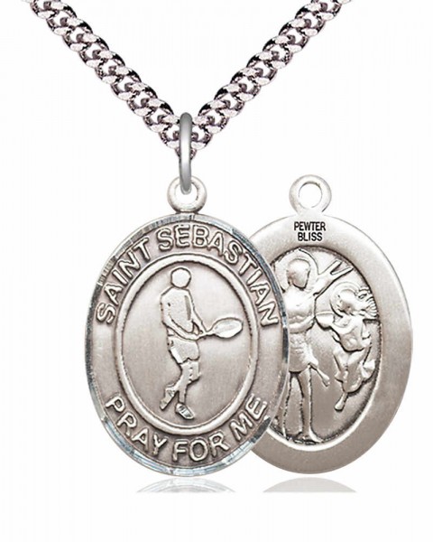 Men's Pewter Oval St. Sebastian Tennis Medal - 24" 2.4mm Rhodium Plate Endless Chain