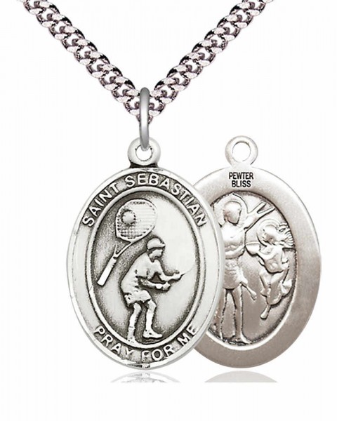 Men's Pewter Oval St. Sebastian Tennis Medal - 24" 2.4mm Rhodium Plate Chain + Clasp