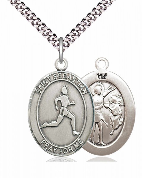 Men's Pewter Oval St. Sebastian Track and Field Medal - 20" Rhodium Plate Chain + Clasp