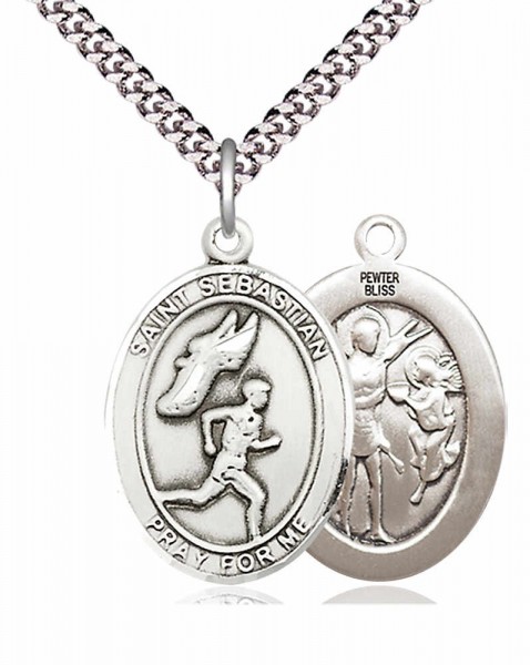 Men's Pewter Oval St. Sebastian Track and Field Medal - 20" Rhodium Plate Chain + Clasp