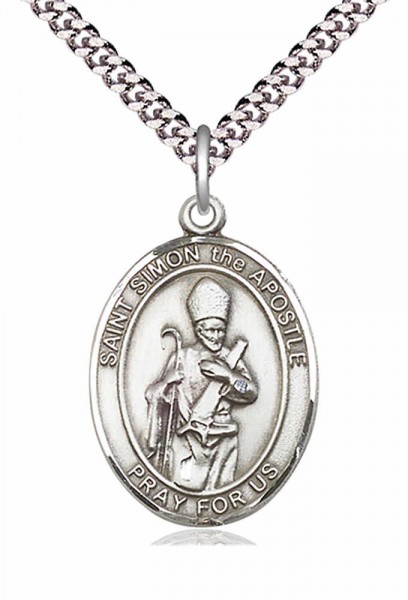 Men's Pewter Oval St. Simon Medal - 20" Rhodium Plate Chain + Clasp