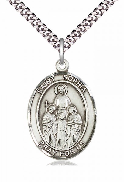Men's Pewter Oval St. Sophia Medal - 24" 2.4mm Rhodium Plate Endless Chain