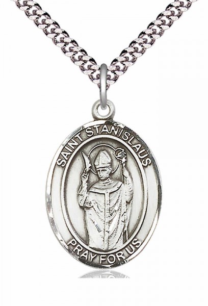Men's Pewter Oval St. Stanislaus Medal - 24" 2.4mm Rhodium Plate Endless Chain