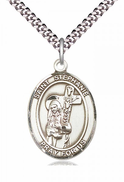Men's Pewter Oval St. Stephanie Medal - 24" 2.4mm Rhodium Plate Endless Chain